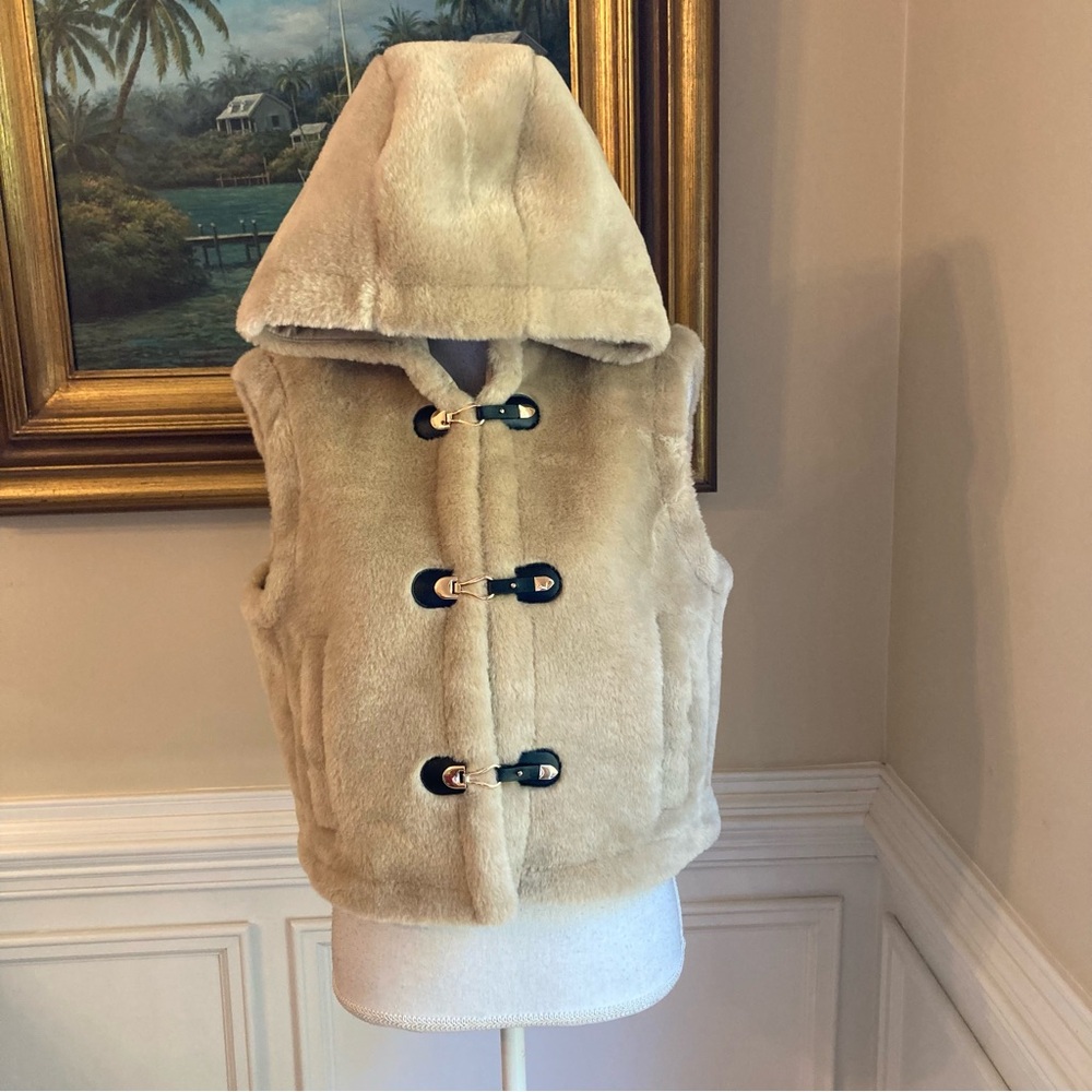 ZARA Tan Faux Shearling Fur Hooded Vest NWT - Picture 13 of 15